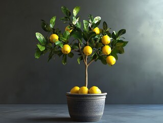 Wall Mural - A small lemon tree in a pot, its green leaves and yellow fruit adding a burst of color to the scene