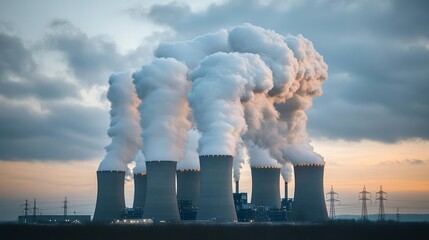 Cooling towers of a coal-fired plant bathed in twilight