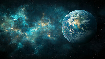 Wall Mural - Space exploration concept with a planet, stars, and distant galaxies, with a clear, open area for copy space.