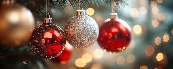 A close-up of sparkling red, gold, and silver Christmas ornaments reflecting twinkling lights, with a blurred green background