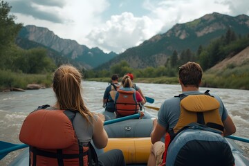 A group of friends white-water rafting in the middle-class river on a summer day in Colorado