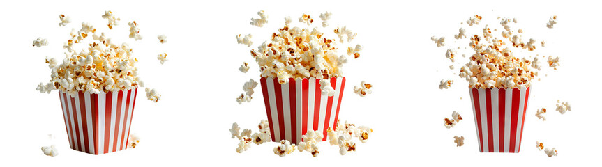 Popcorn in red-striped buckets isolated on transparent background, ideal for movie night promotions, snack ads, or party decorations