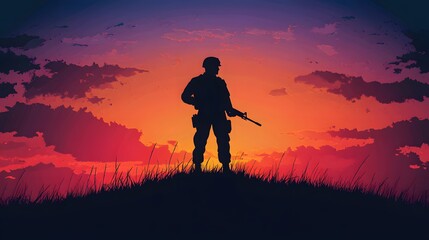 Silhouette of a soldier standing on a hill with a rifle against a colorful sky at sunset. Soldier concept, copy space for text