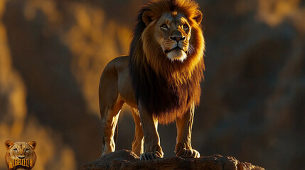 Majestic lion standing on a rocky outcrop, golden sunlight illuminating its mane, with a wide open savannah background for copy space.