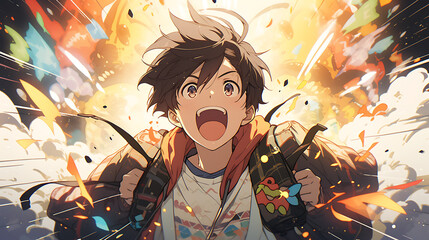 Poster - excited man makes explosion behind him, anime style