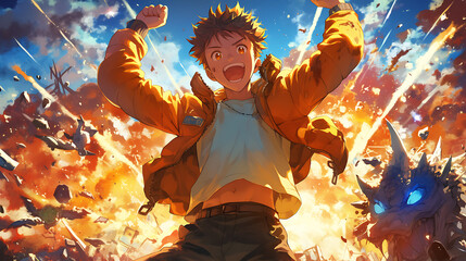 Poster - excited man makes explosion behind him, anime style