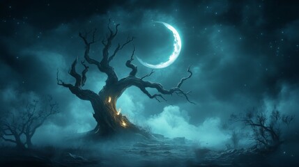 Wall Mural - enigmatic moonlit scene with a twisted tree