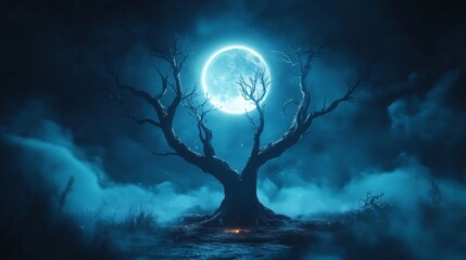 Wall Mural - mystical tree under a glowing full moon in a foggy landscape