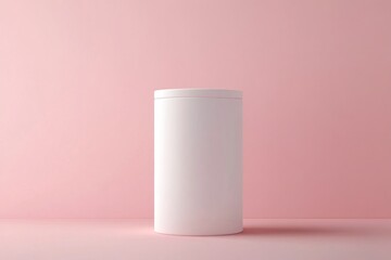 White cylinder on pink background, casting a shadow to the right, minimalistic and modern aesthetic with clean lines and soft color contrast.