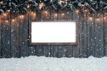 Decorative winter scene with wooden frame, snow, and pine branches, white isolate background.