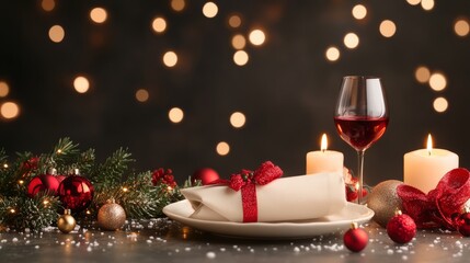 Elegant Christmas dinner setting with wine and festive decor