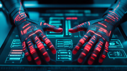 Futuristic hands on a digital interface