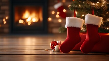 Cozy Christmas scene with stockings by the fireplace