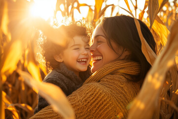 Mother and child laughing together in a cornfield during a golden sunset, capturing a moment of pure joy and love