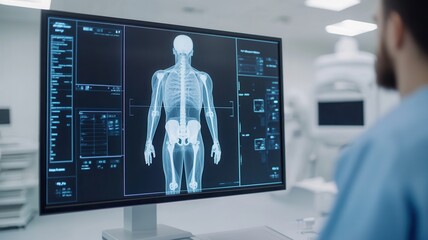 a healthcare professional studies a detailed digital display of a human skeleton, showcasing various