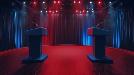 A red stage with two microphones and two podiums