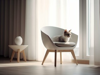 Photo Cat on a chair, room interior in calm tones