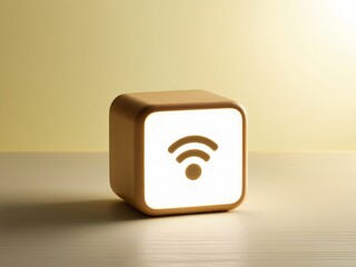 Wooden cube block on table with Wi-fi icon with lighting, on yellow background, Technology internet communication concept