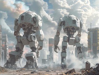 Two robots are standing in a city with a lot of debris and rubble