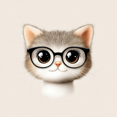 Cute cat face with glasses, featuring large expressive eyes and fluffy coat, creating charming and playful appearance. This minimalist illustration captures essence of feline curiosity and