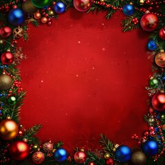 Red Festive Background with Christmas Ornaments and Greenery