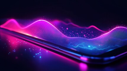 Smartphone background with Neon waves and lines representing futuristic technology and innovation
