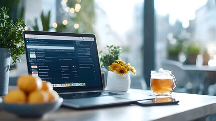 Wall Mural - laptop open to a digital dashboard of productivity and apps in a modern minimalist remote work setup