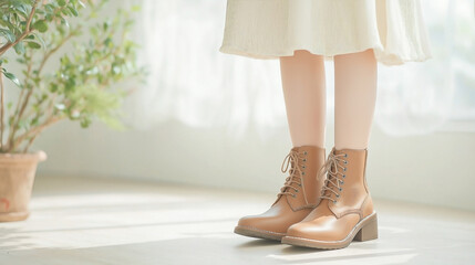 A close-up view of a pair of elegant brown leather lace-up ankle boots with a modest block heel, worn by a person standing on a smooth beige floor. The boots have a vintage-inspired design 