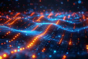 Dynamic digital landscape illustrating a futuristic network of glowing blue and red nodes across a rippling surface