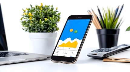 Wall Mural - overhead view of a phone screen displaying a productivity app surrounded by various tech devices and