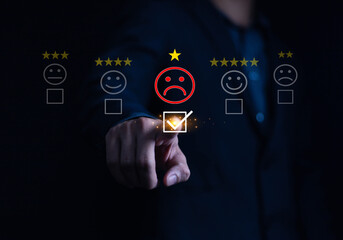 Dissatisfied Icon, 1 Star Review Rating, Complaint, Bad, Customer, Negative, Feedback, Rate, Online, Customer Complaint, and Negative Customer Experience in Service.