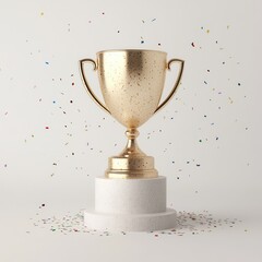 shiny gold trophy stands proudly on white pedestal, surrounded by colorful confetti, symbolizing victory and celebration. This captures essence of achievement and joy