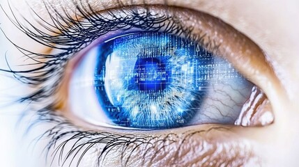 Close-up of a human eye with a bright blue iris illuminated by digital binary code, representing technology and vision.