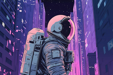 an astronaut stands in a futuristic cityscape illuminated by vibrant neon lights.