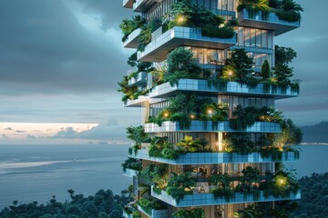 Green skyscraper with plants adorning every floor of the modern building