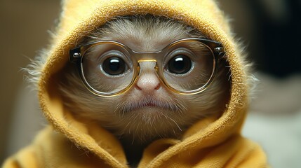 Canvas Print - A cute monkey wearing glasses and a yellow hoodie poses against a blurred background in a cozy indoor setting