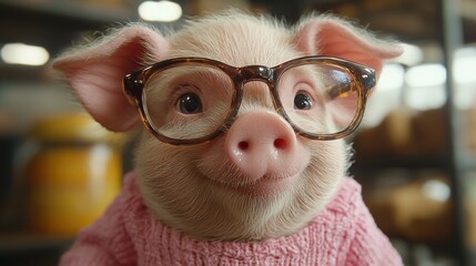 Wall Mural - A cute pig wearing glasses and a sweater smiling while being indoors in a cozy farm environment