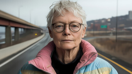 Blond woman wearing glasses in a pink jacket on the highway.