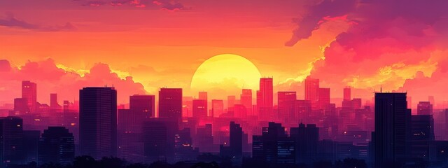 Vibrant Cityscape Sunset, dramatic skyline silhouetted against an orange and pink horizon, capturing the essence of urban beauty at twilight