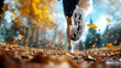 © maesarin - Trail Runner Dashing Through Autumn Forest Path Covered in Fallen Leaves Pushing for Speed and Exploring the Wilderness