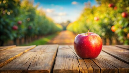 Extreme close-up of red apple on wooden table with apple farm in background