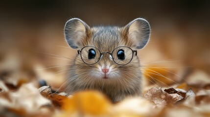 Wall Mural - A small mouse wearing glasses peers curiously among autumn leaves in a tranquil woodland setting