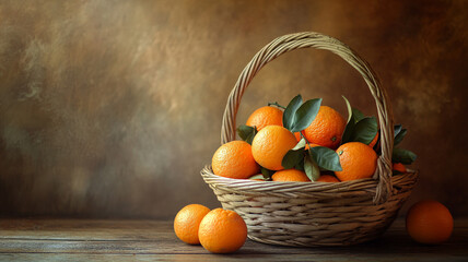 Wall Mural - basket full of orange on wooden table