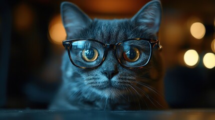 A gray cat with glasses poised thoughtfully in a cozy indoor setting during the evening glow