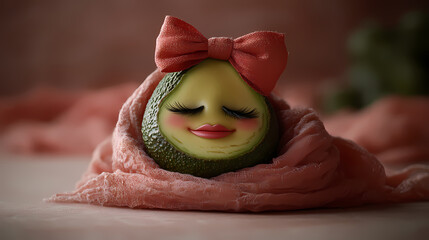 A doll made of avocado  wearing a pink bow.