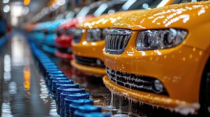 A vibrant car cleaning station showcases an array of powerful car cleaners during a sunny afternoon, making vehicles shine like new