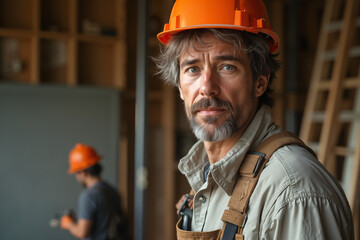 Man wearing a hard hat and safety gear, likely indicating that he is a construction worker or involved in some form of manual labor.