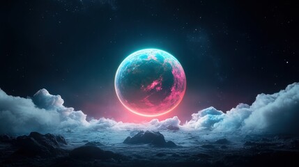 Wall Mural - a celestial orb, its surface shimmering with iridescent colors, floats in the darkness of space, rad