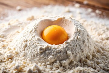 Macro shot of egg in flour dough for noodle making