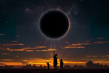 Wall Mural - a man and two children standing in front of a large black hole. ai.